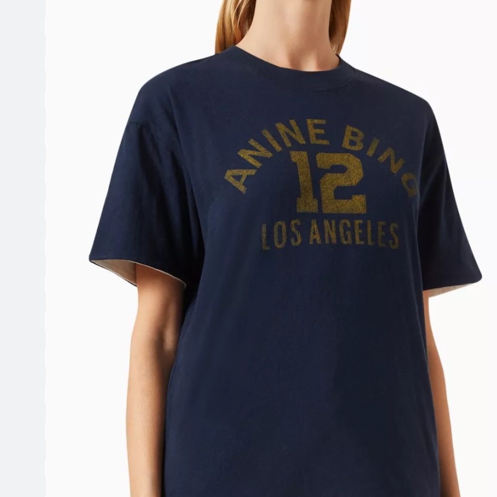 Anine Bing Cream Short-Sleeve Tee with Navy Trim and Graphic - Picture 7 of 7
